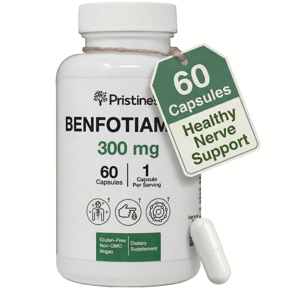 PRISTINE'S Benfotiamina 300 mg, botella visible, apoyo nervioso potencial y antioxidante.