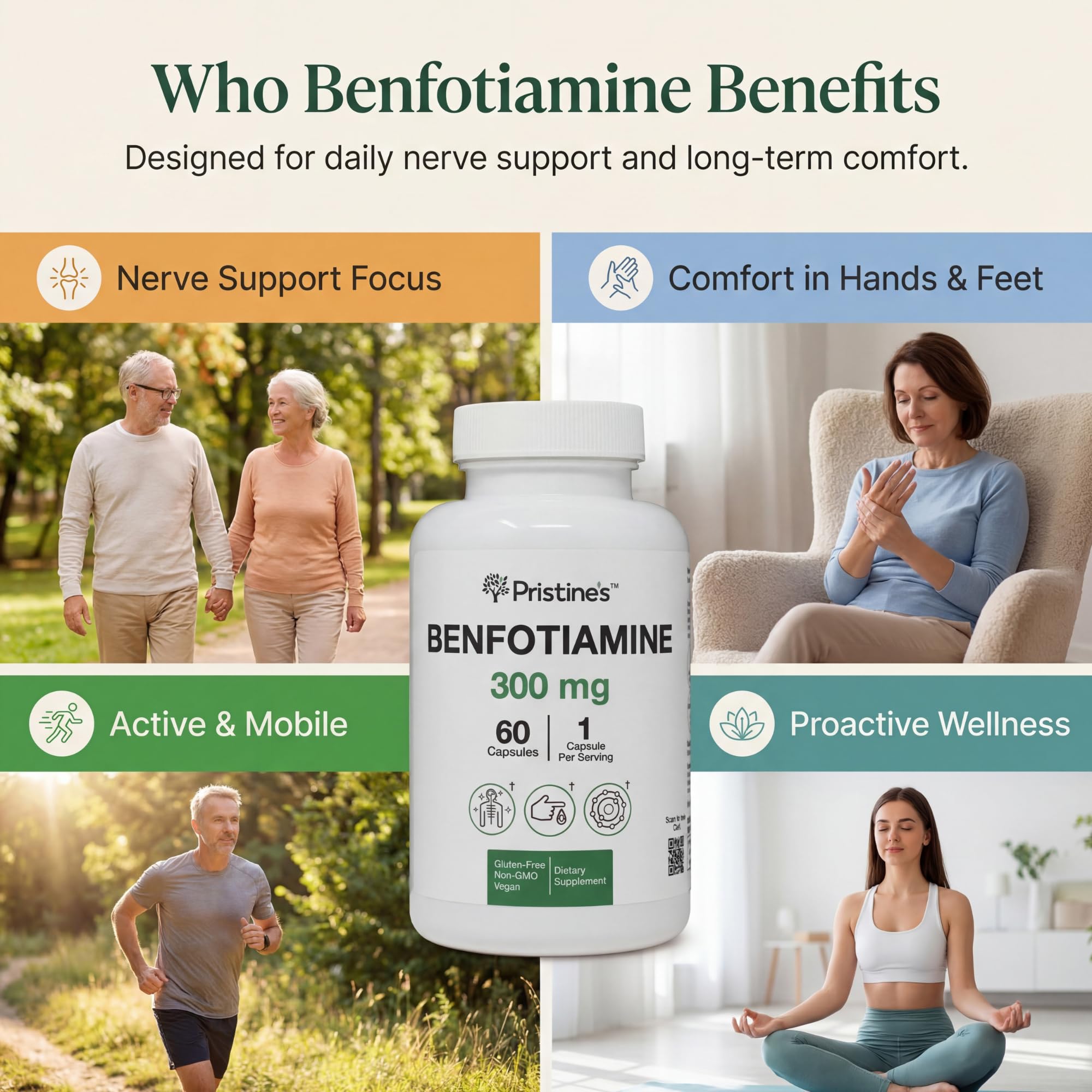 PRISTINE'S Benfotiamina 300 mg, comprimidos fáciles de tragar para rutina diaria.