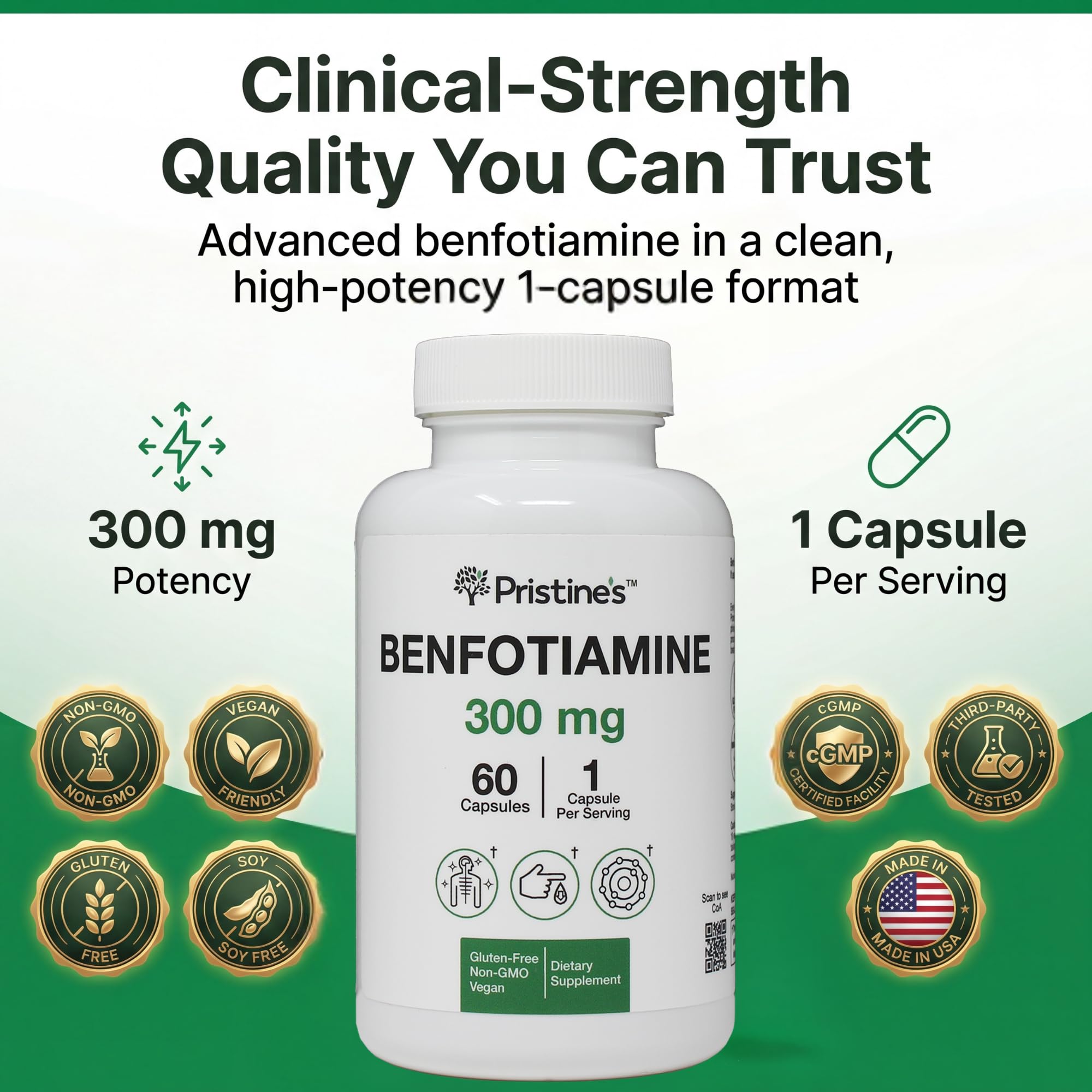 PRISTINE'S Benfotiamina 300 mg, dosis diaria, soporte para bienestar cotidiano.