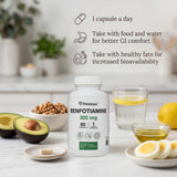 PRISTINE'S Benfotiamina 300 mg, símbolo vegano, opción libre de productos animales.
