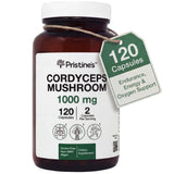 PRISTINE'S Cordyceps: botella de vidrio con cápsulas para energía sostenida en entrenamientos.