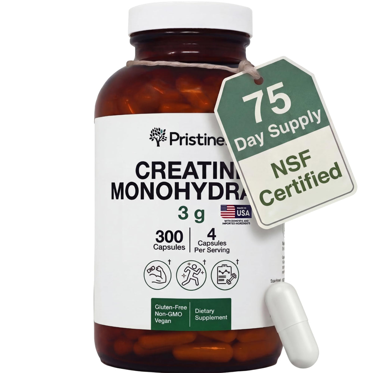 Pristine's Creatine Monohydrate Capsules en bote de cristal para mejorar rendimiento y concentración