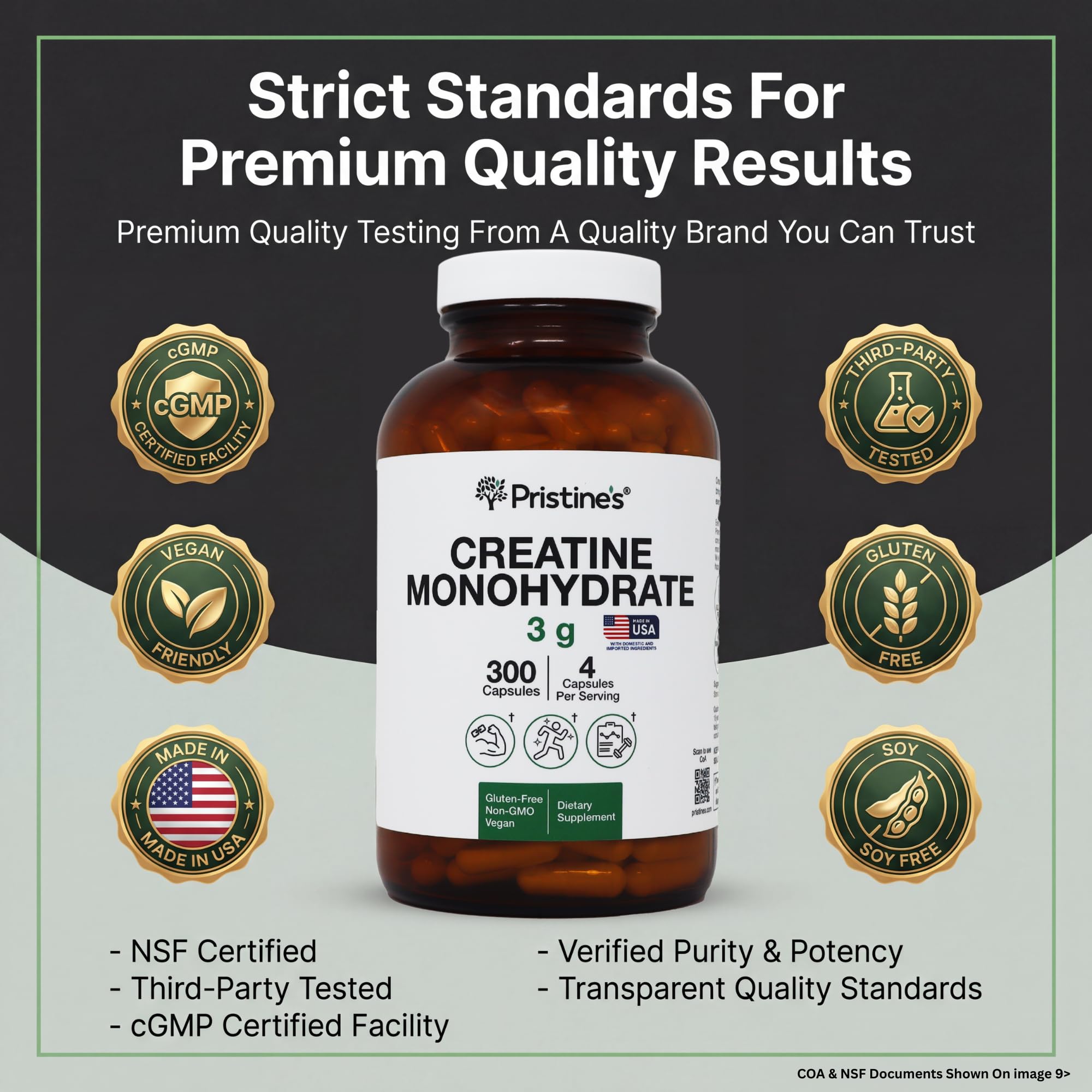 Pristine's Creatine Monohydrate Capsules etiqueta frontal para recordatorio de dosis