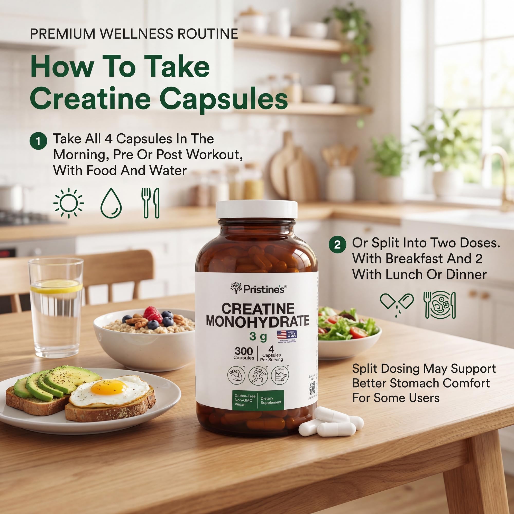 Pristine's Creatine Monohydrate Capsules mano sosteniendo botella durante sesión de ejercicio