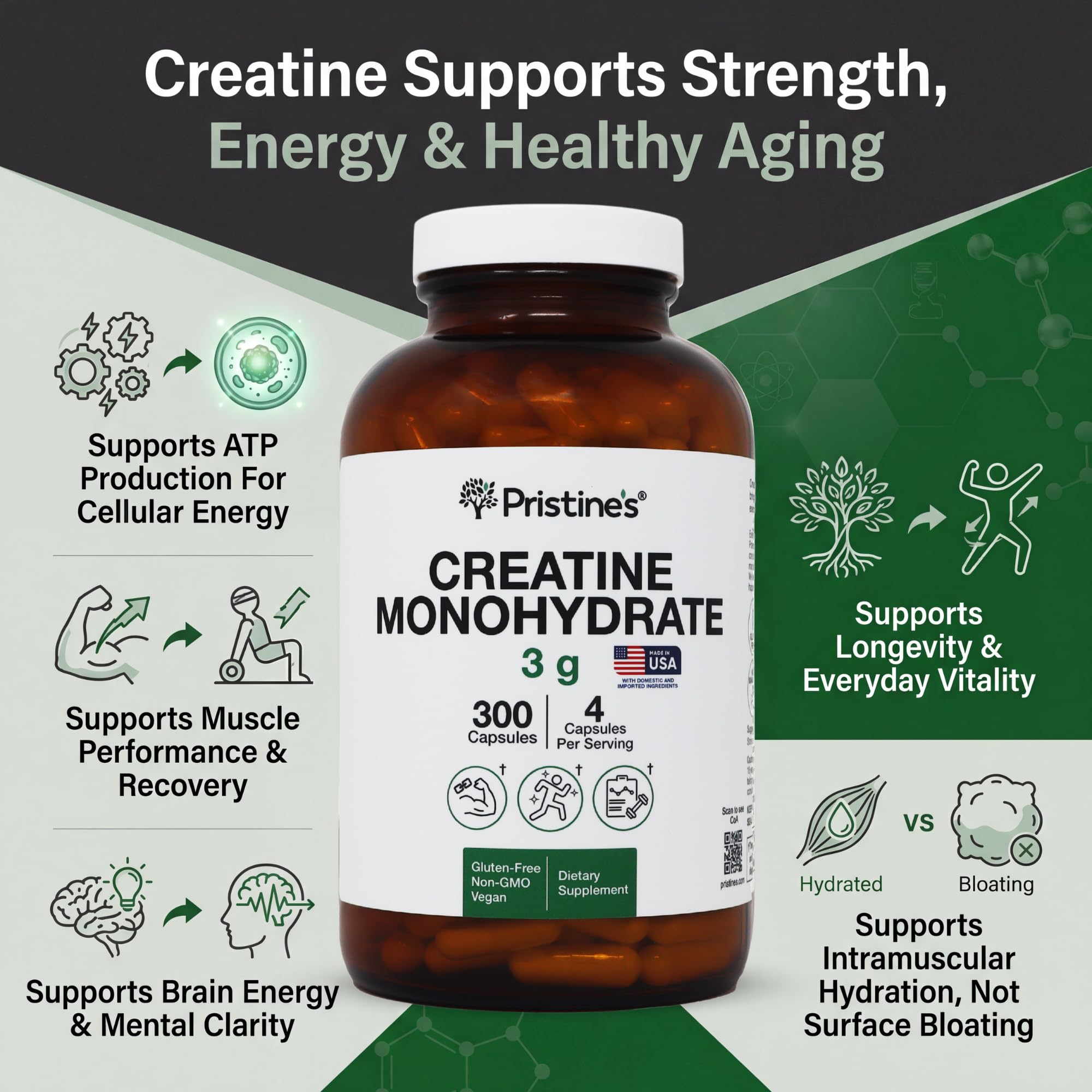 Pristine's Creatine Monohydrate Capsules vaso con agua lista para entrenamiento