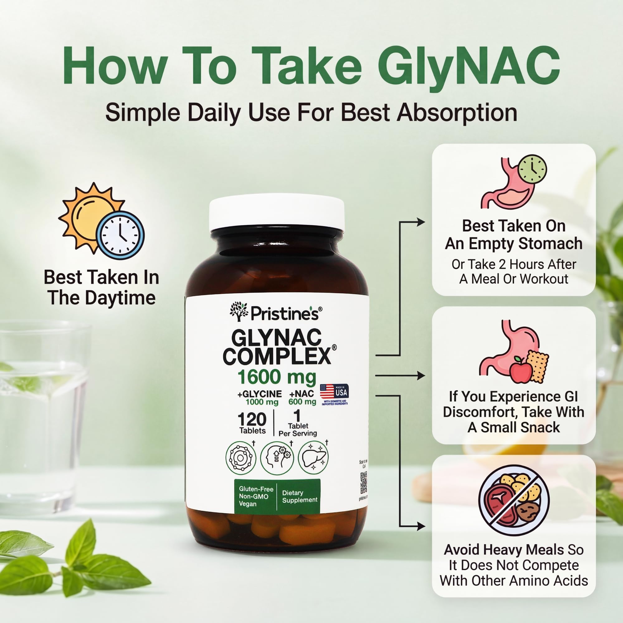 PRISTINE'S GlyNAC Complex: ingredientes visibles, glutatión y NAC