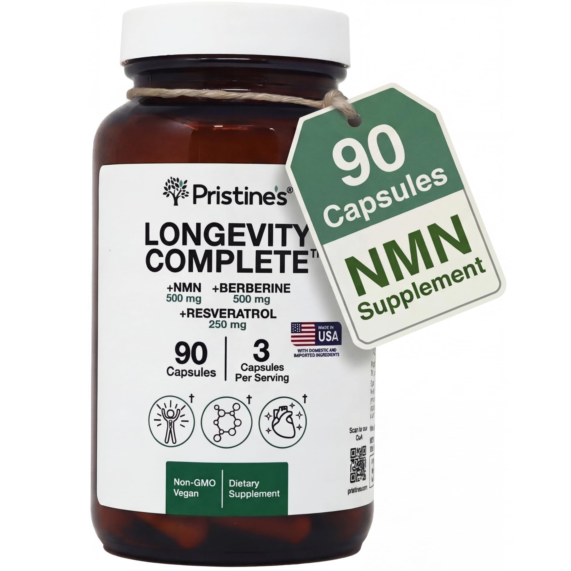 PRISTINE'S Longevity NMN en botella, apoyo energético diario.