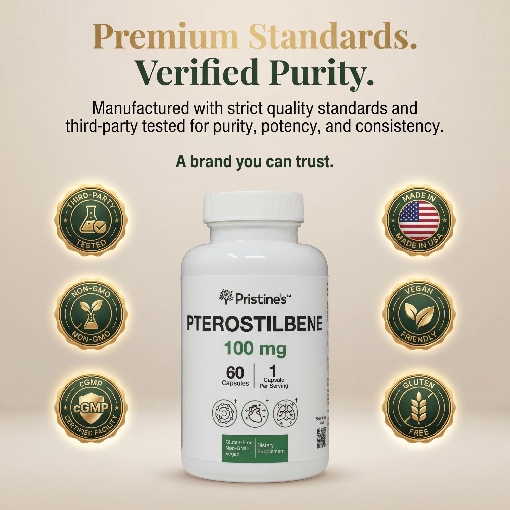 PRISTINE'S Pterostilbeno, caja de 60 días para una ingesta regular.