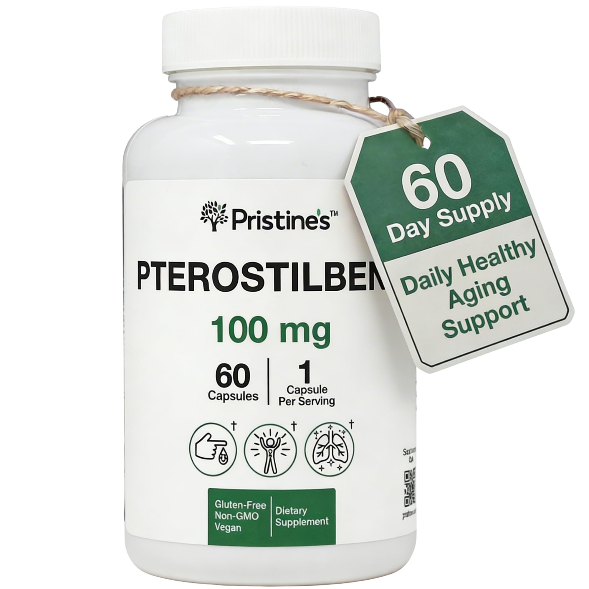 PRISTINE'S Pterostilbeno en envase, ideal para uso diario y antioxidante potencial.