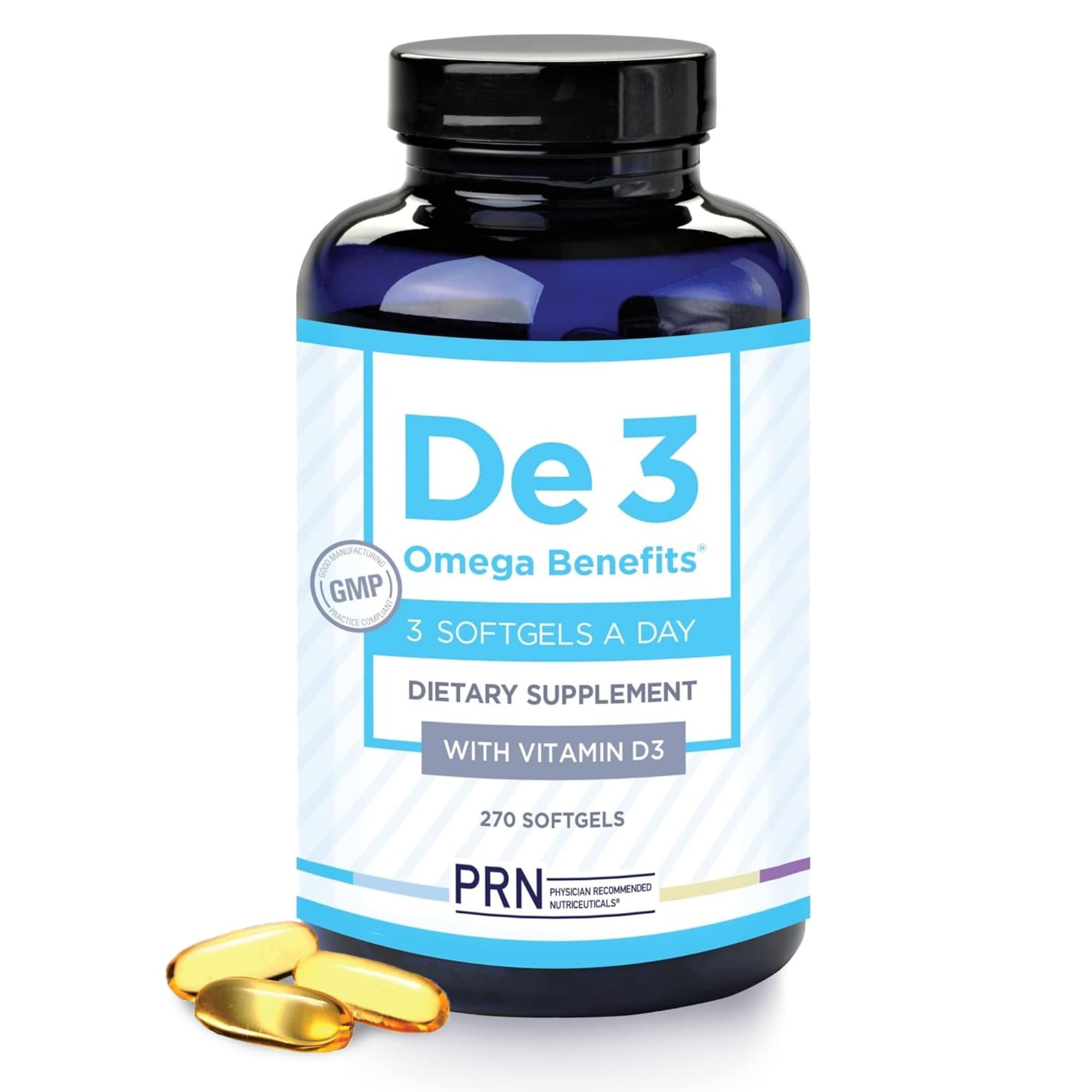 PRN De3 Omega-3, botella omega-3, podría apoyar la salud ocular.
