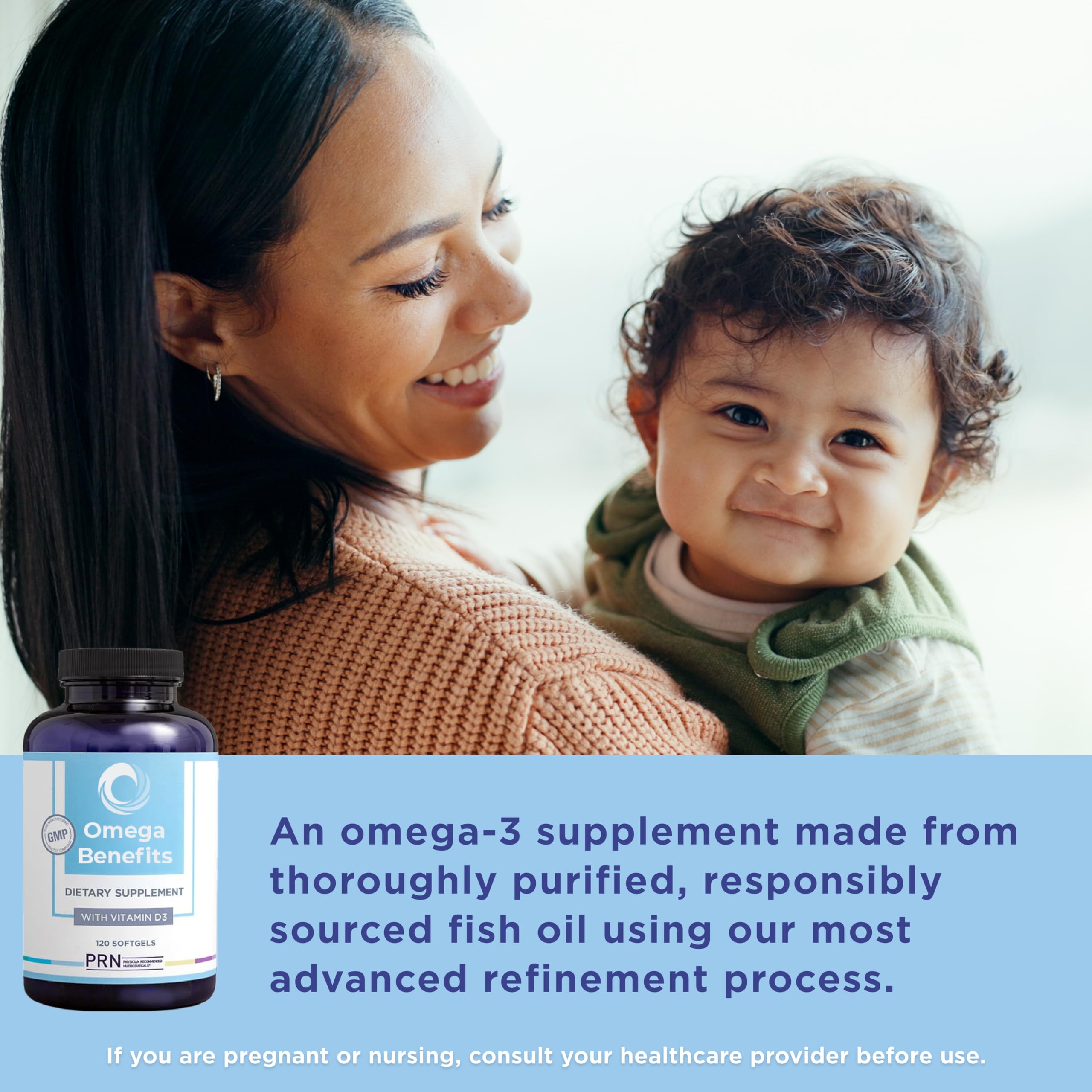 PRN Omega 3: etiqueta nutricional clara con EPA y DHA para referencia rápida.