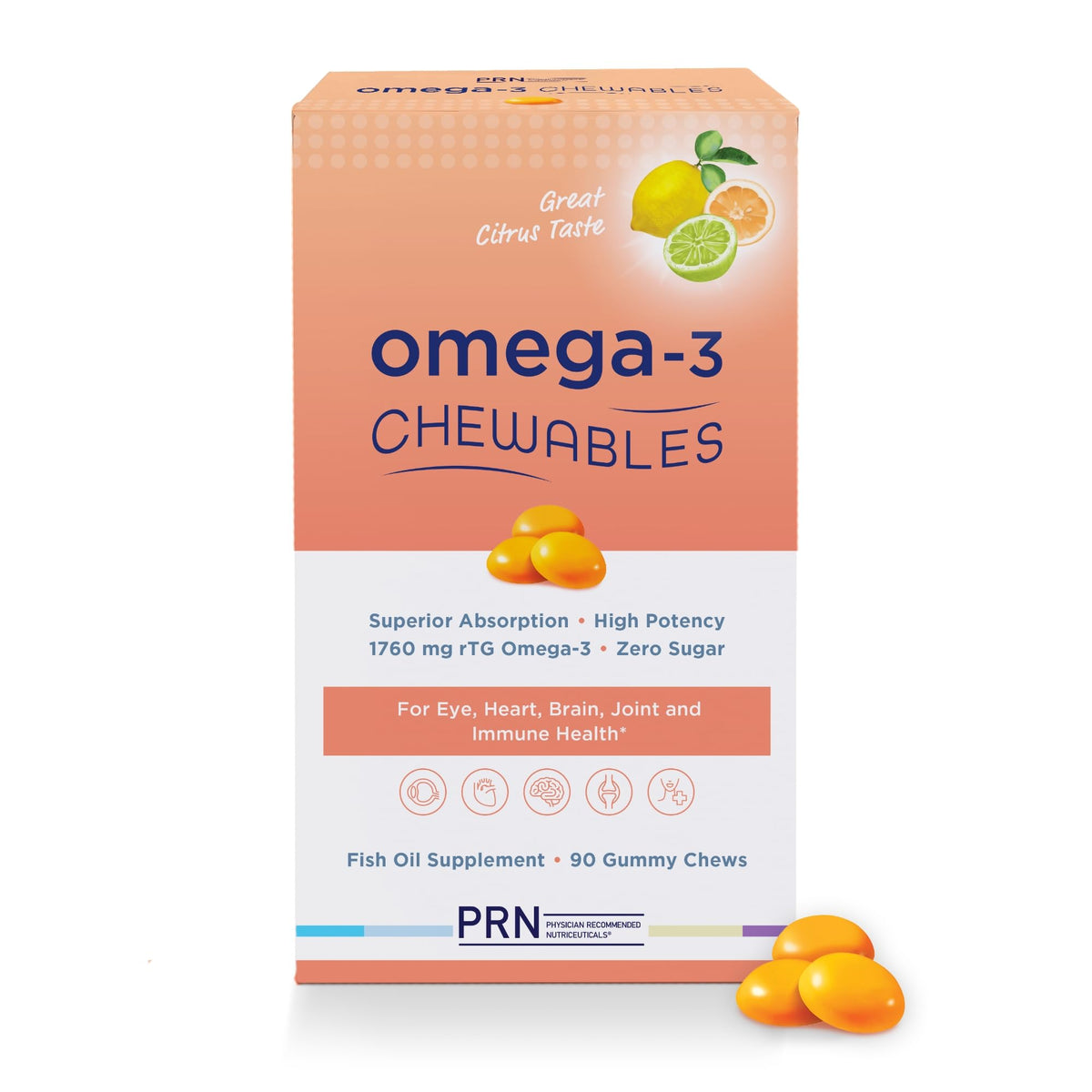 PRN Omega 3 gomitas en caja frontal para salud general