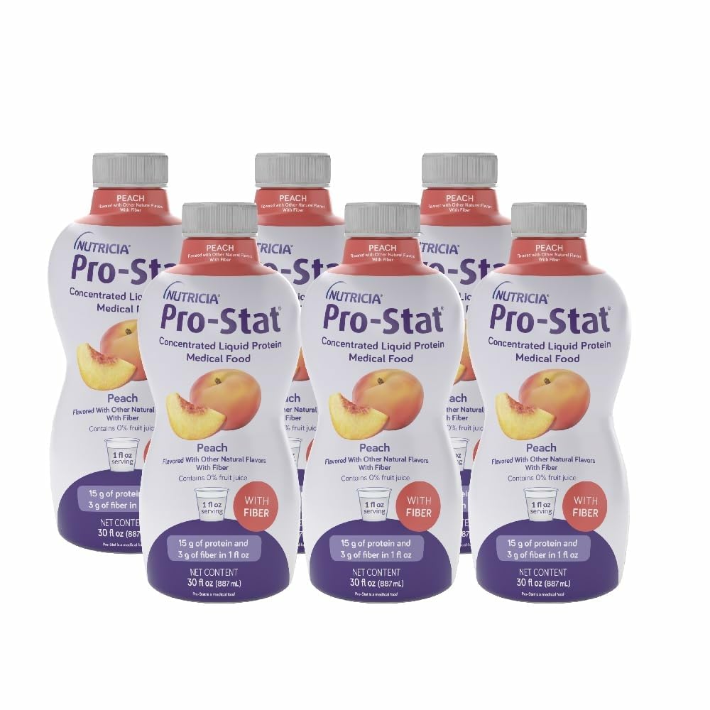 Pro-Stat concentrado líquido proteína durazno en botella, apoyo proteico práctico.
