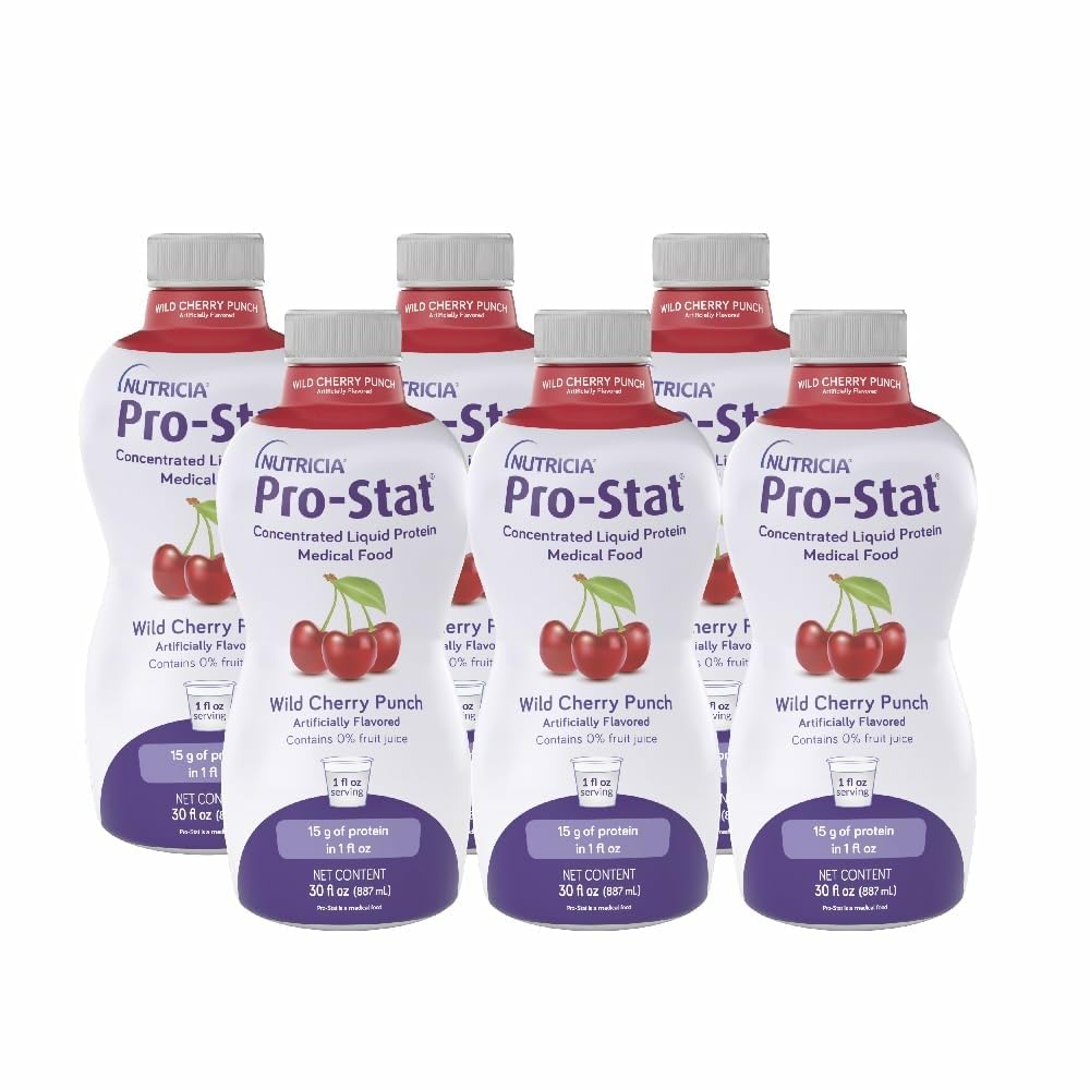 Pro-Stat botella de proteína líquida concentrada para mayor aporte proteico en volumen reducido.