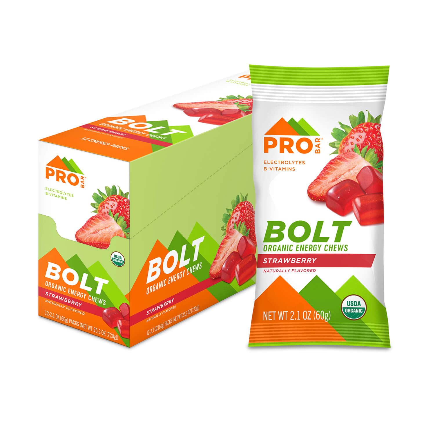 PROBAR Bolt gomas energéticas orgánicas sabor fresa en botella, energía rápida.