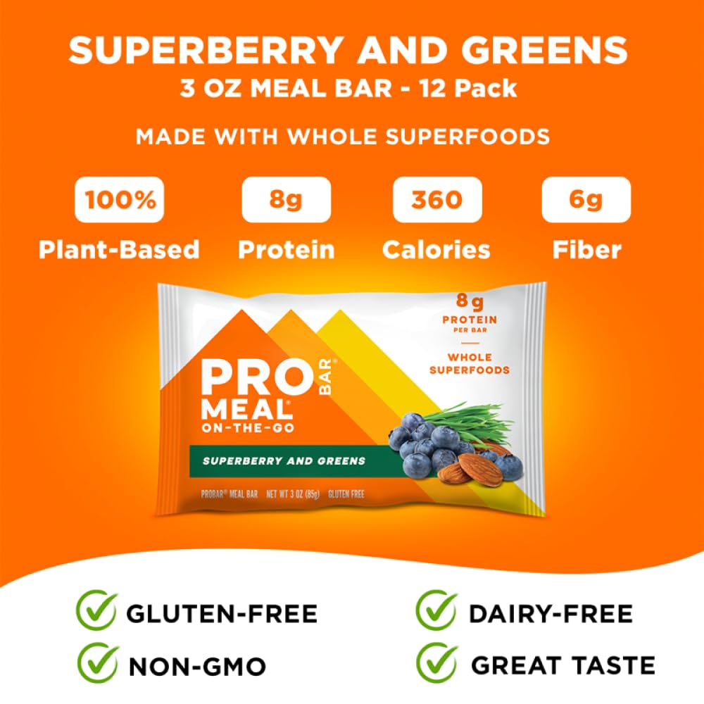 PROBAR MEAL Bar Superberry Greens, porción portátil para viajes y aventuras.