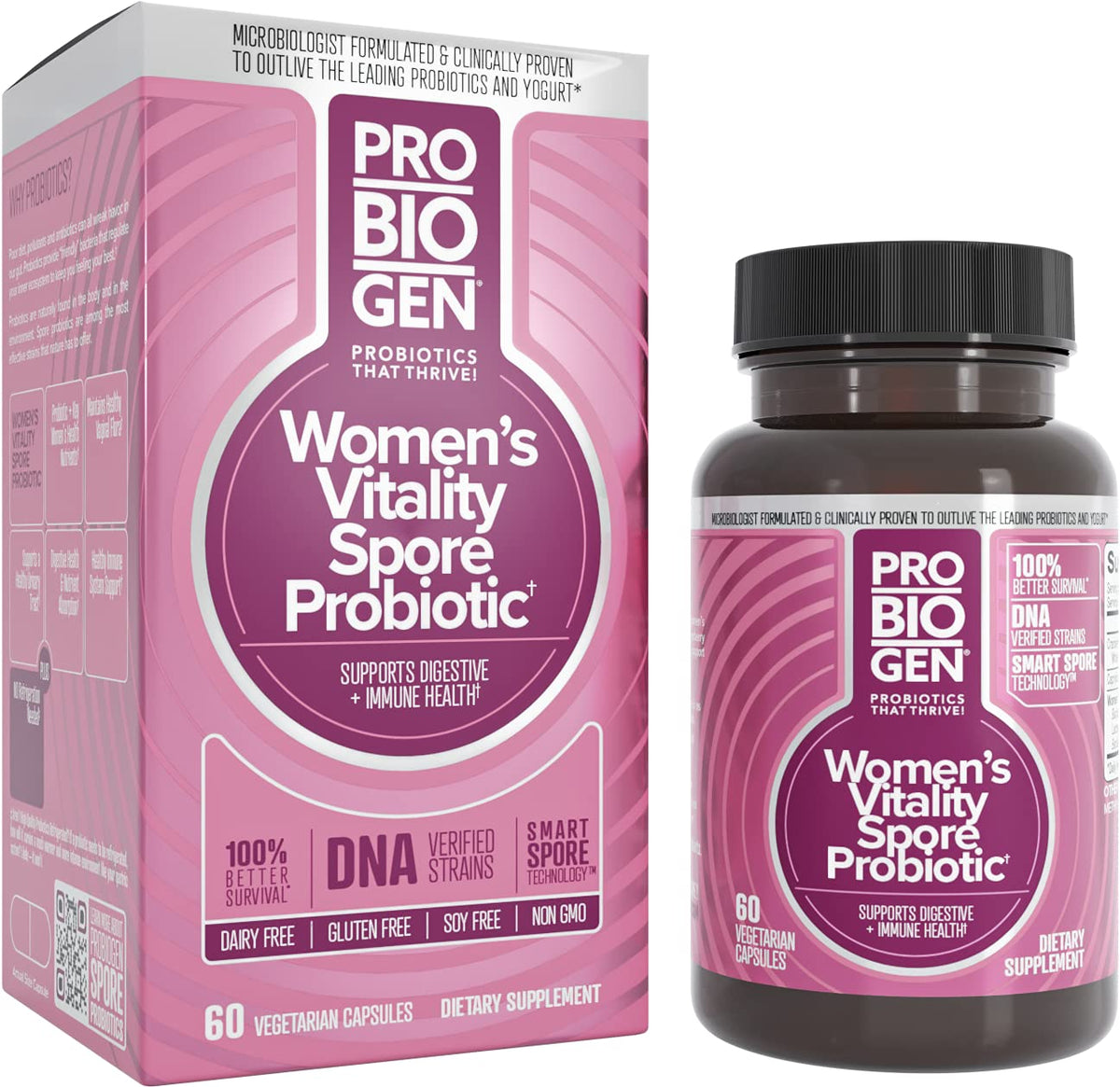 Probiogen Vitalidad Mujer, botella de cápsulas, apoyo al bienestar digestivo diario.