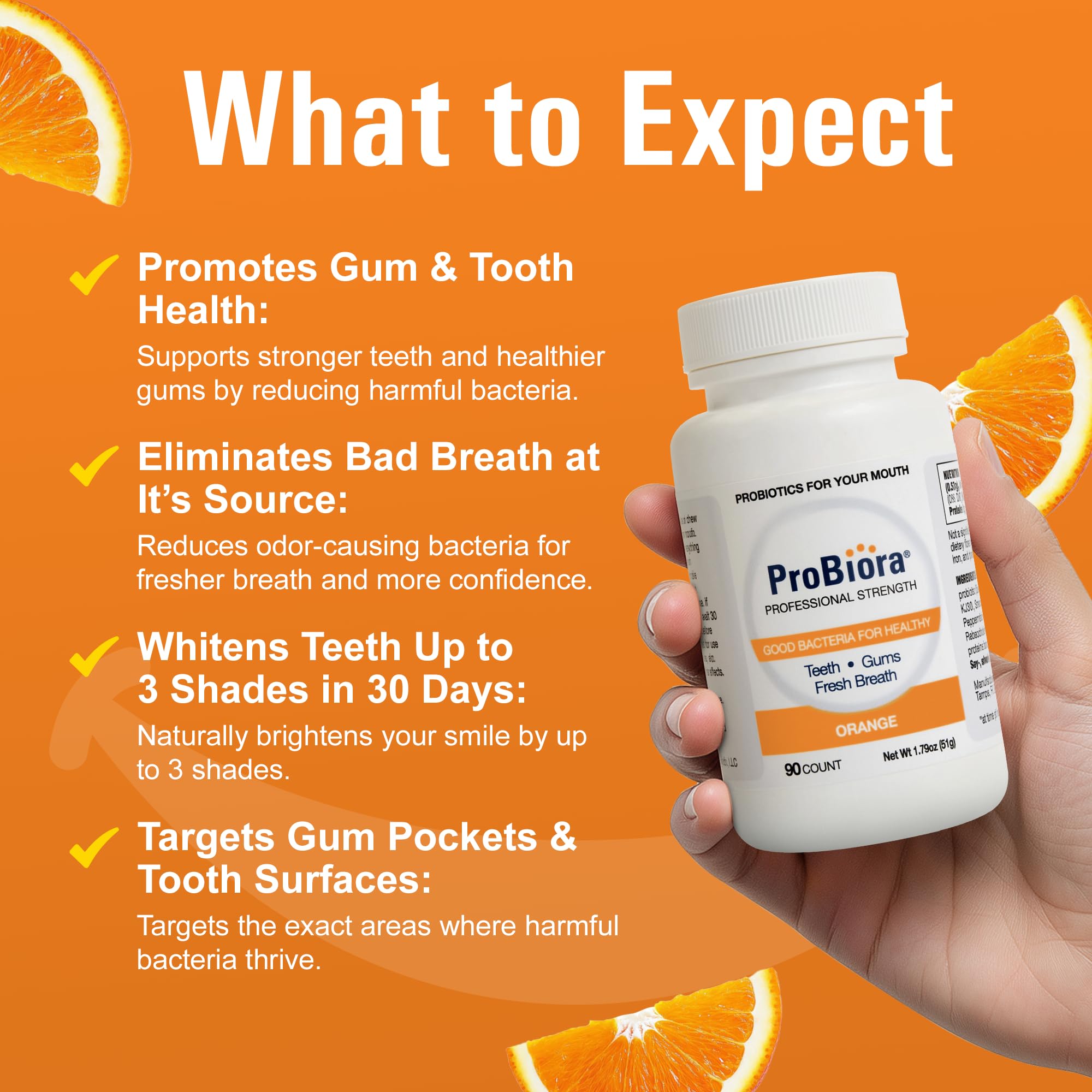Probiora Health botella con etiqueta, solución probiótica para dientes y encías.