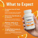 Probiora Health botella con etiqueta, solución probiótica para dientes y encías.