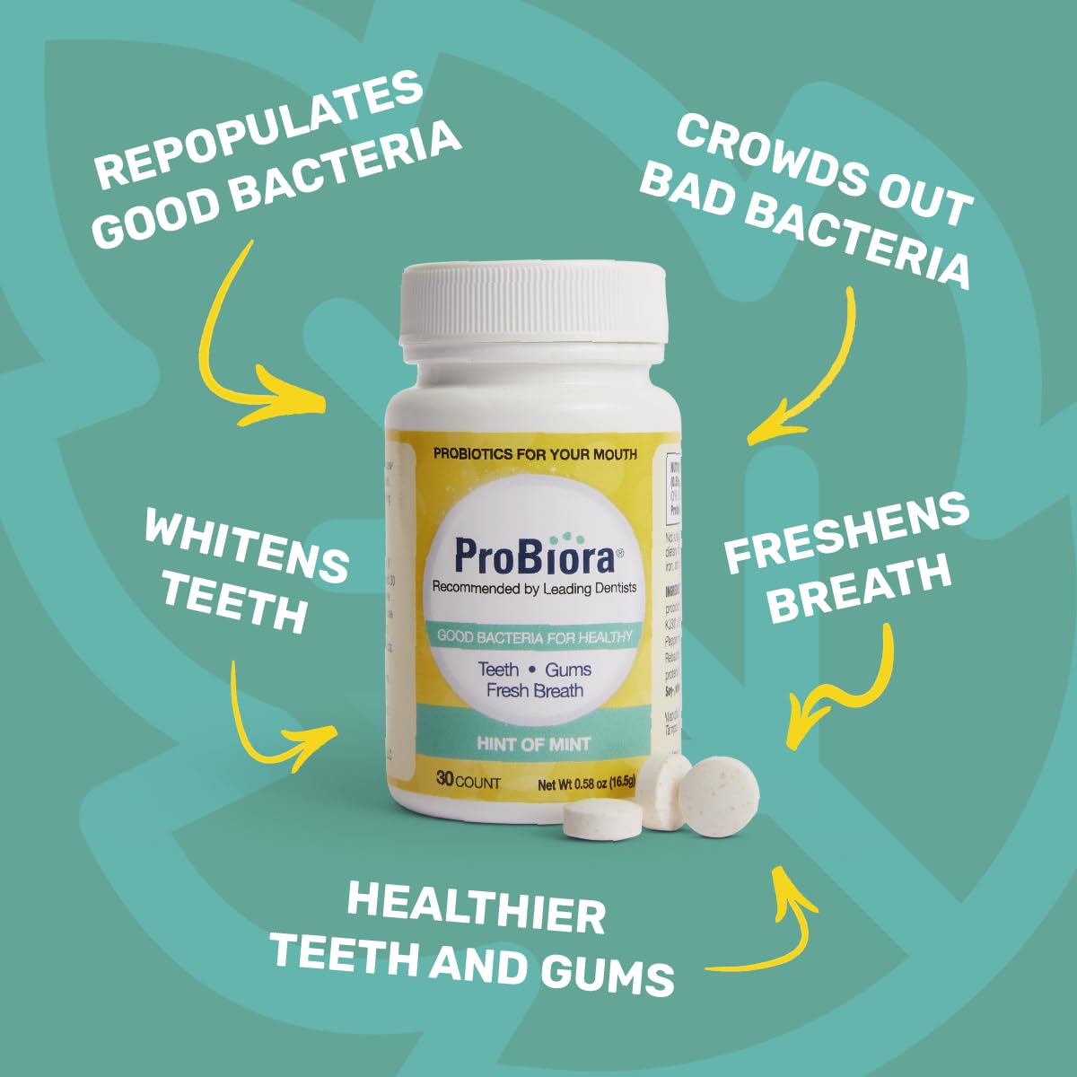 ProBiora Health tableta dental sobre paladar, uso diario para higiene bucal.