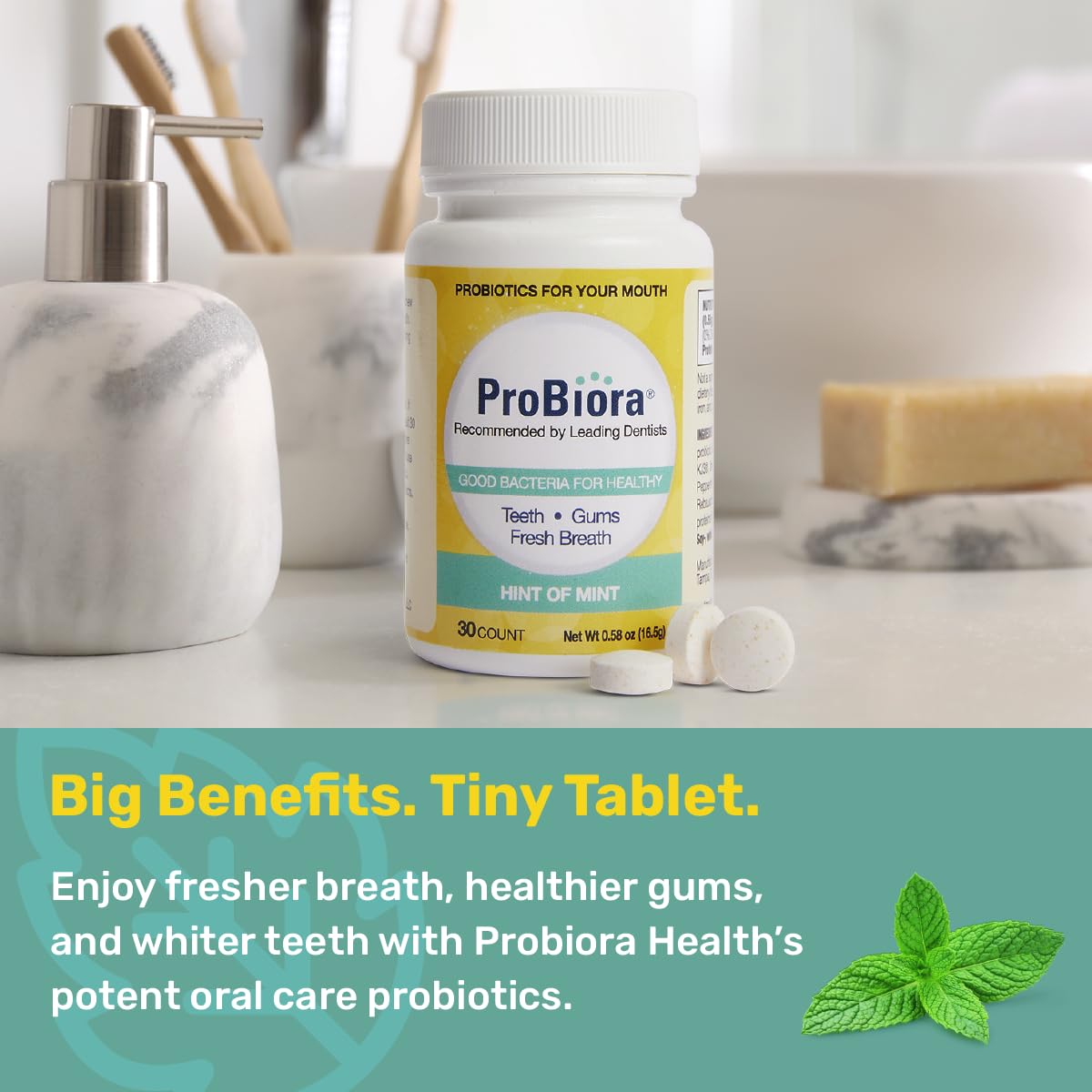 Tabletas masticables con sabor a menta para el aliento fresco.