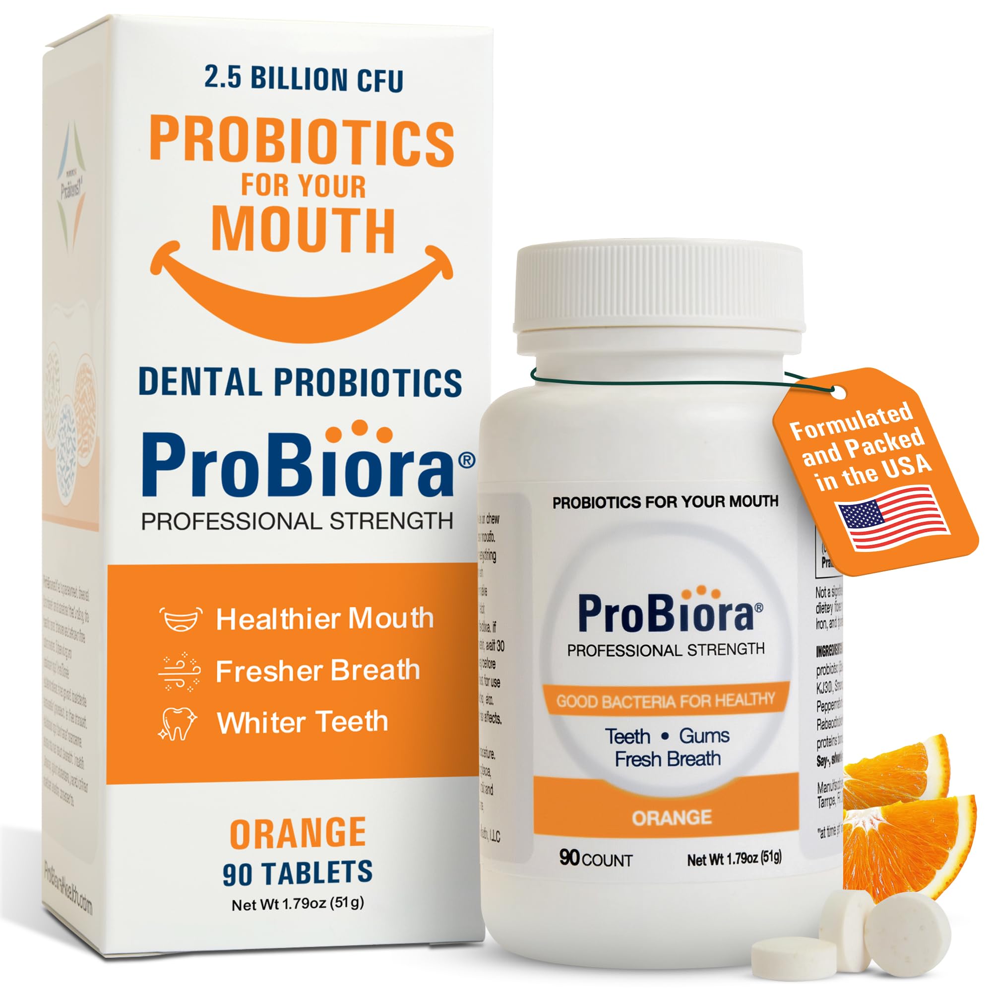Probiora Health tabletas naranjas en empaque, apoyo diario para la salud bucal.