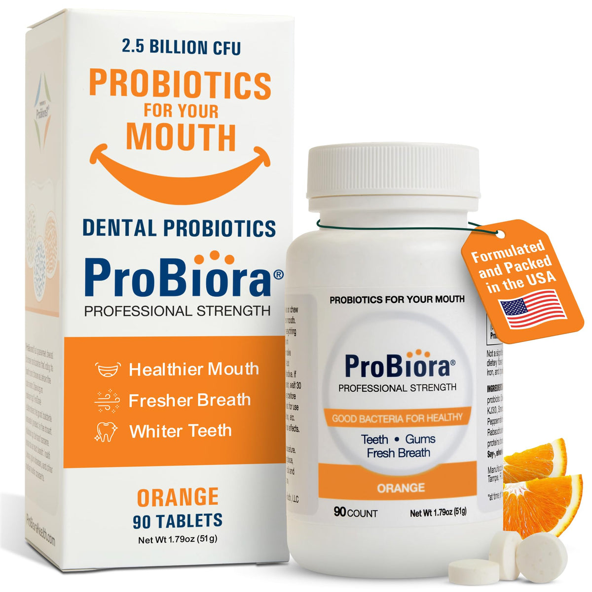 Probiora Health tabletas naranjas en empaque, apoyo diario para la salud bucal.
