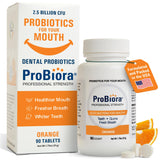 Probiora Health tabletas naranjas en empaque, apoyo diario para la salud bucal.