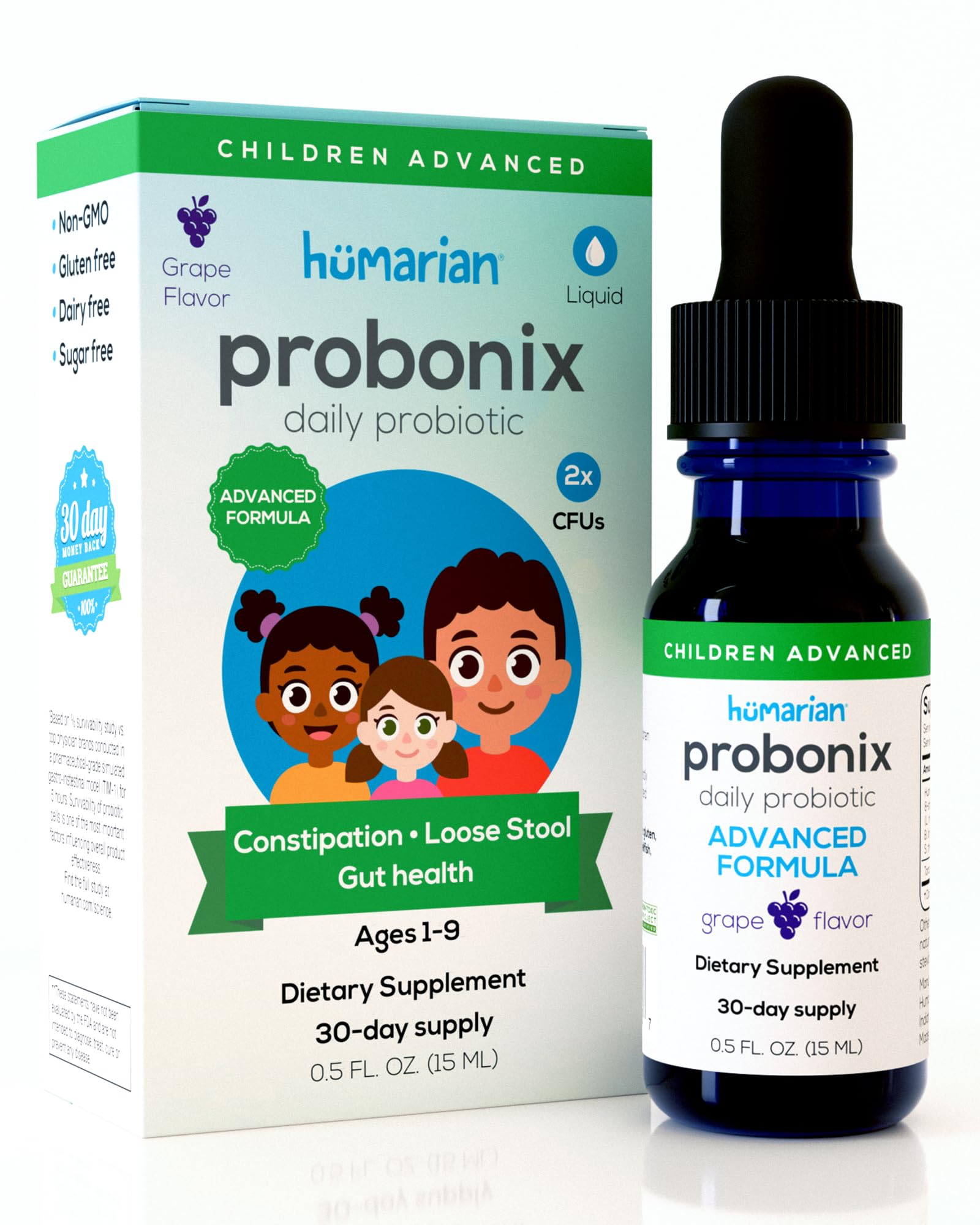 Probonix Humarian para niños: botella de probióticos para uso diario.