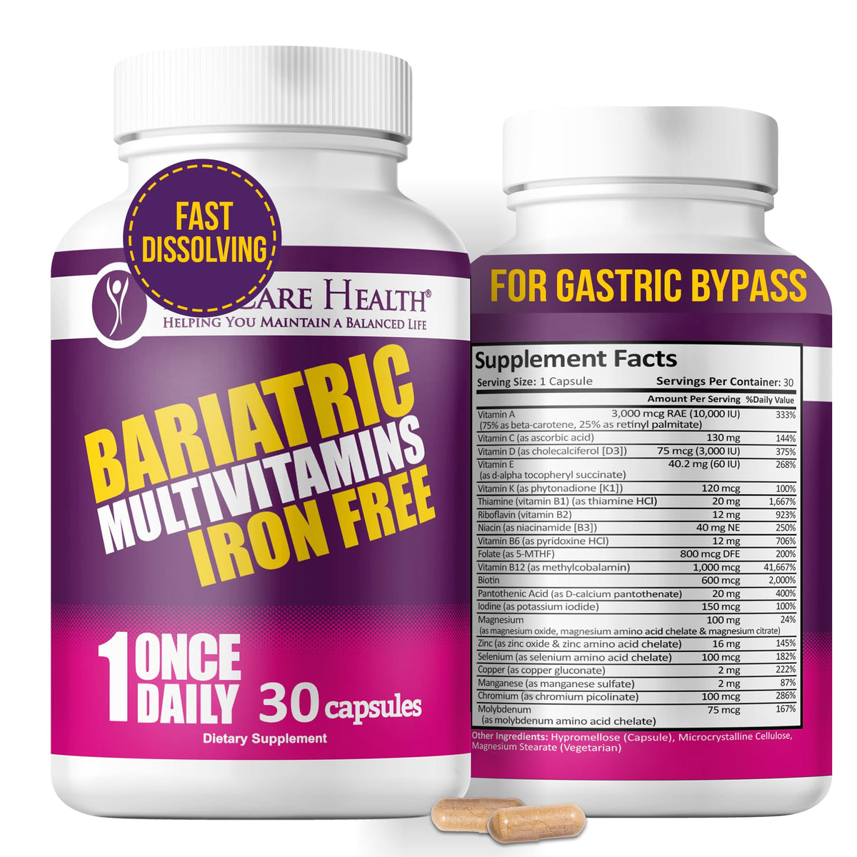 ProCare Health Bariatric Multivitamin capsulas vegetales de disolución rápida para uso diario.