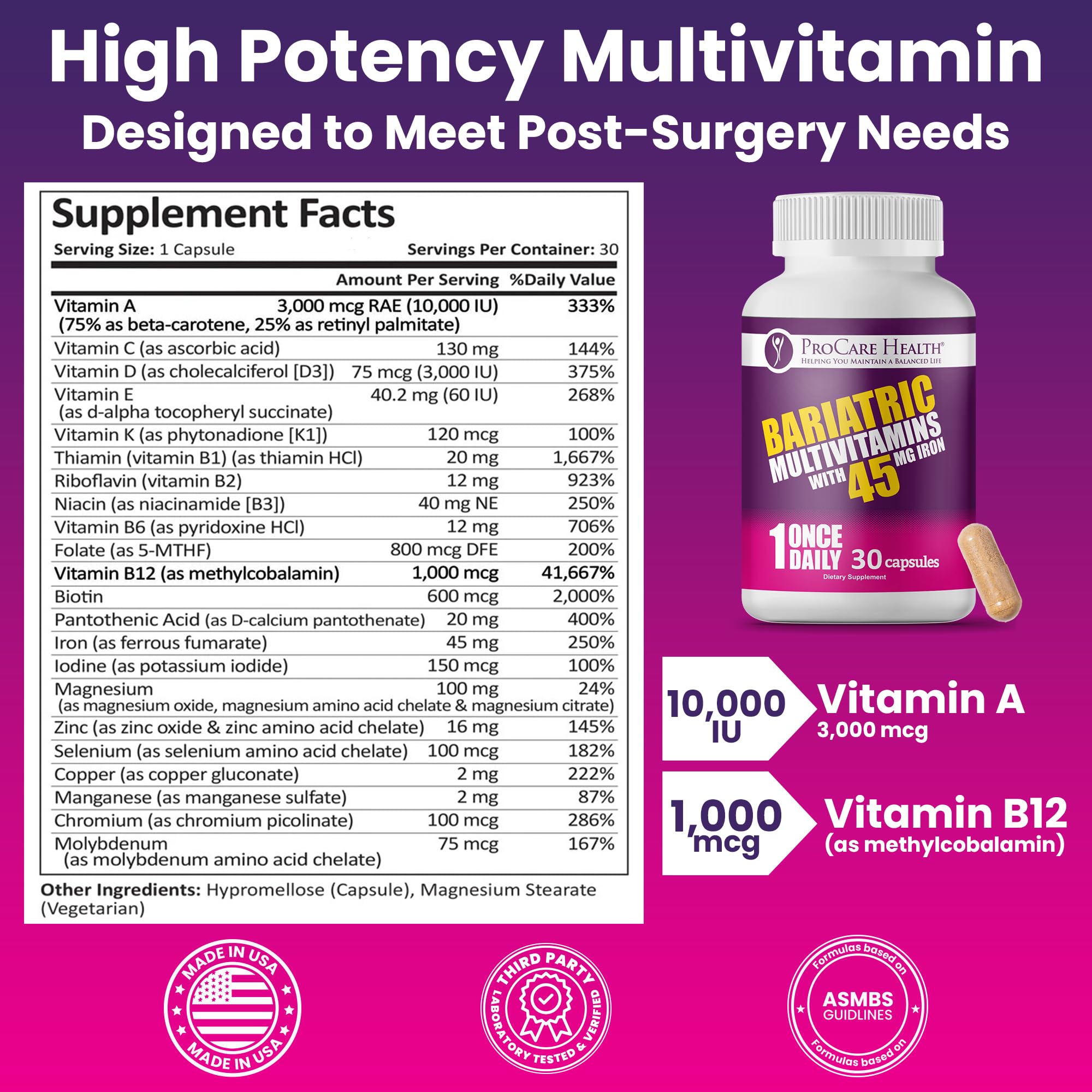 ProCare Health Bariátrico Multivitamínico: etiqueta limpia sin colorantes artificiales.