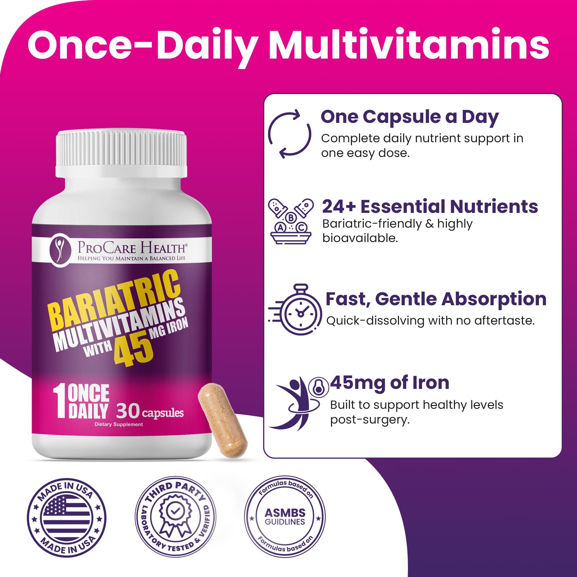 ProCare Health Bariátrico Multivitamínico: suministro de 30 días para postoperatorio.