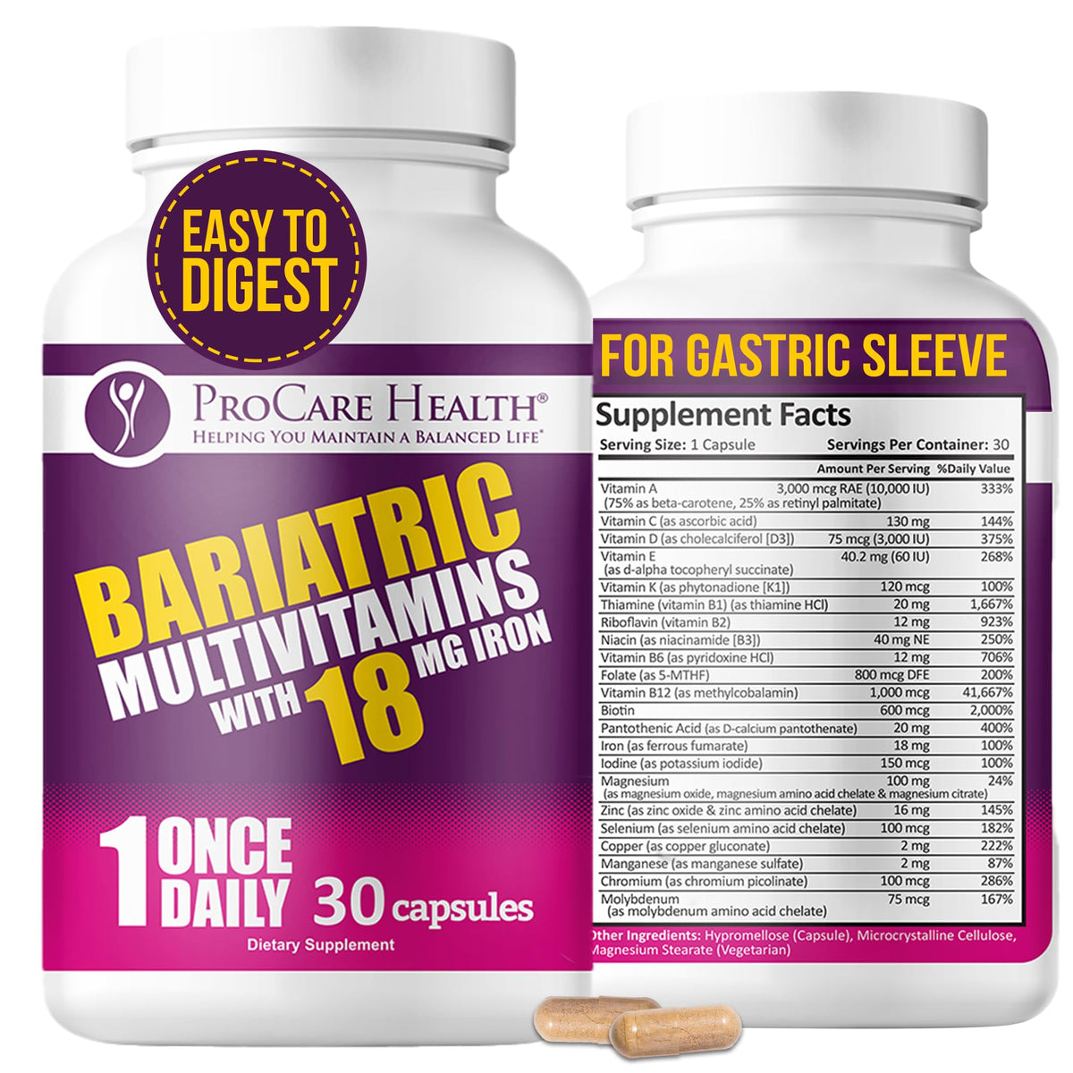 ProCare Health Bariátrica multivitamínico Hierro 18 mg – botella, apoyo diario para recuperación posoperatoria.