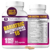 ProCare Health Bariátrica multivitamínico Hierro 18 mg – botella, apoyo diario para recuperación posoperatoria.