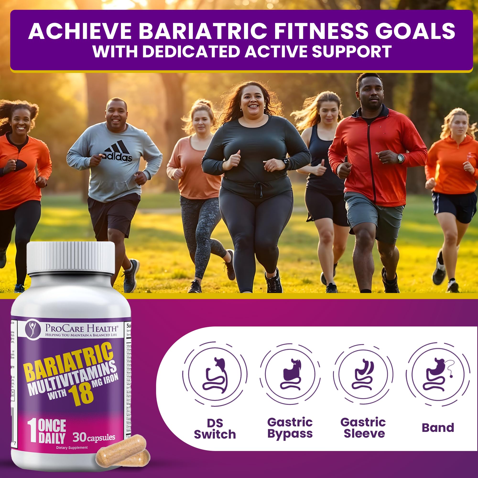 ProCare Health Bariátrica multivitamínico Hierro 18 mg – caja exterior, visión general de beneficios.