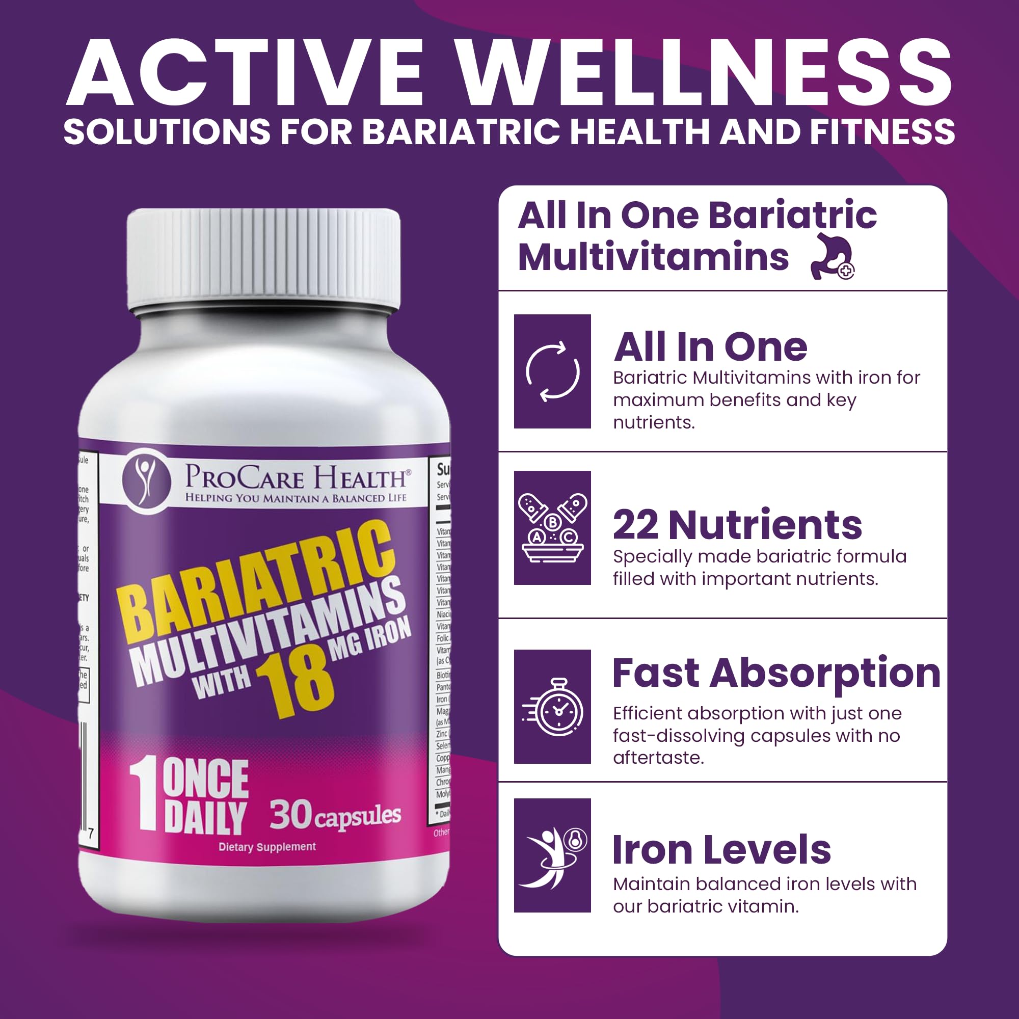 ProCare Health Bariátrica multivitamínico Hierro 18 mg – cápsulas en estuche, toma diaria conveniente.
