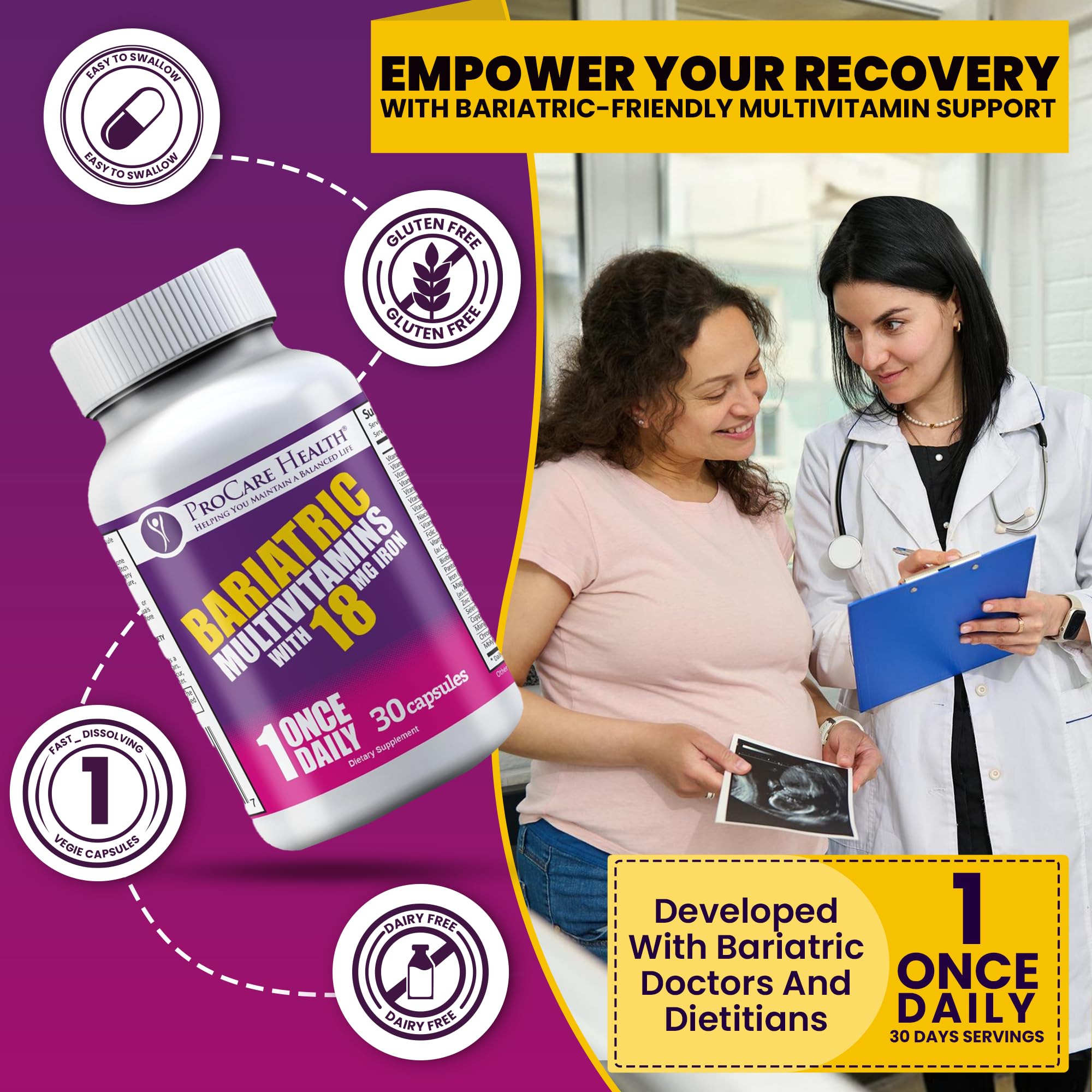 ProCare Health Bariátrica multivitamínico Hierro 18 mg – etiqueta frontal, guía rápida de uso diario.