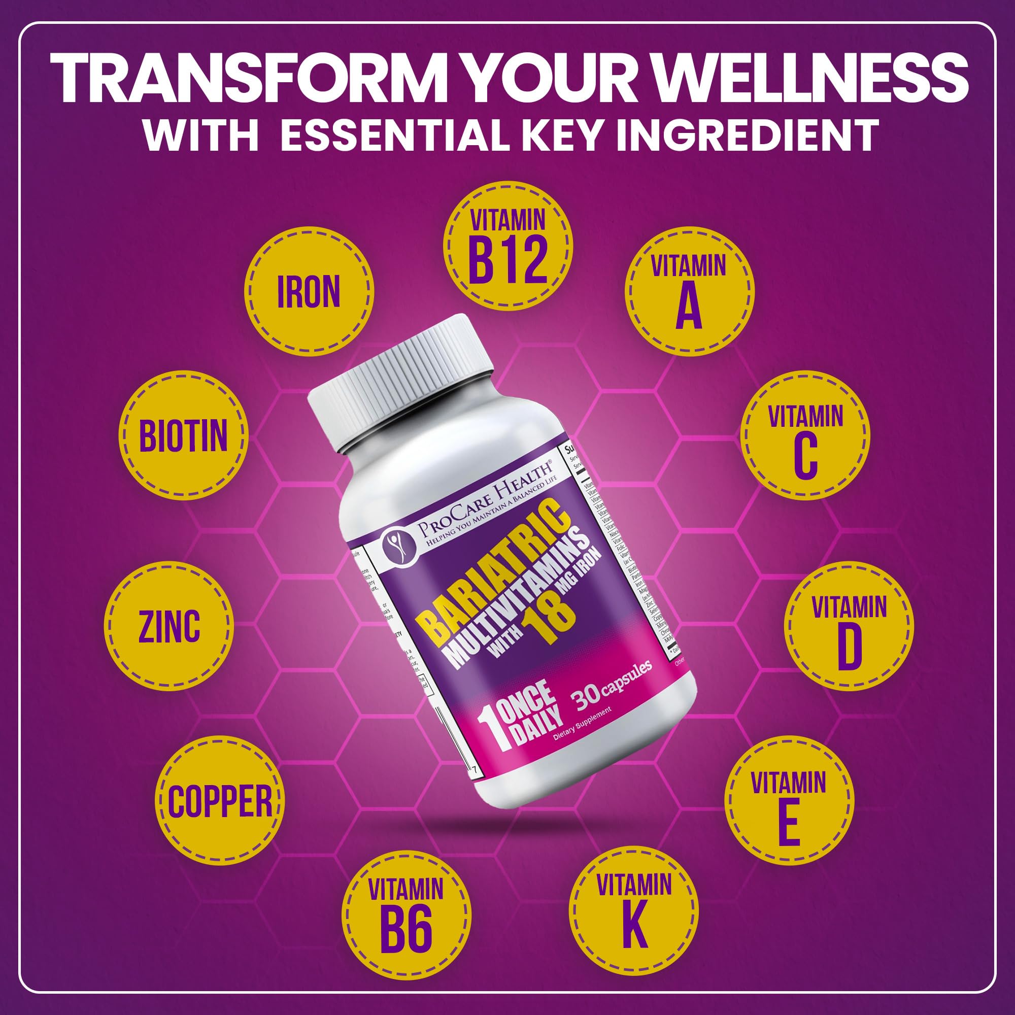 ProCare Health Bariátrica multivitamínico Hierro 18 mg – etiqueta lateral, recordatorio de dosis.