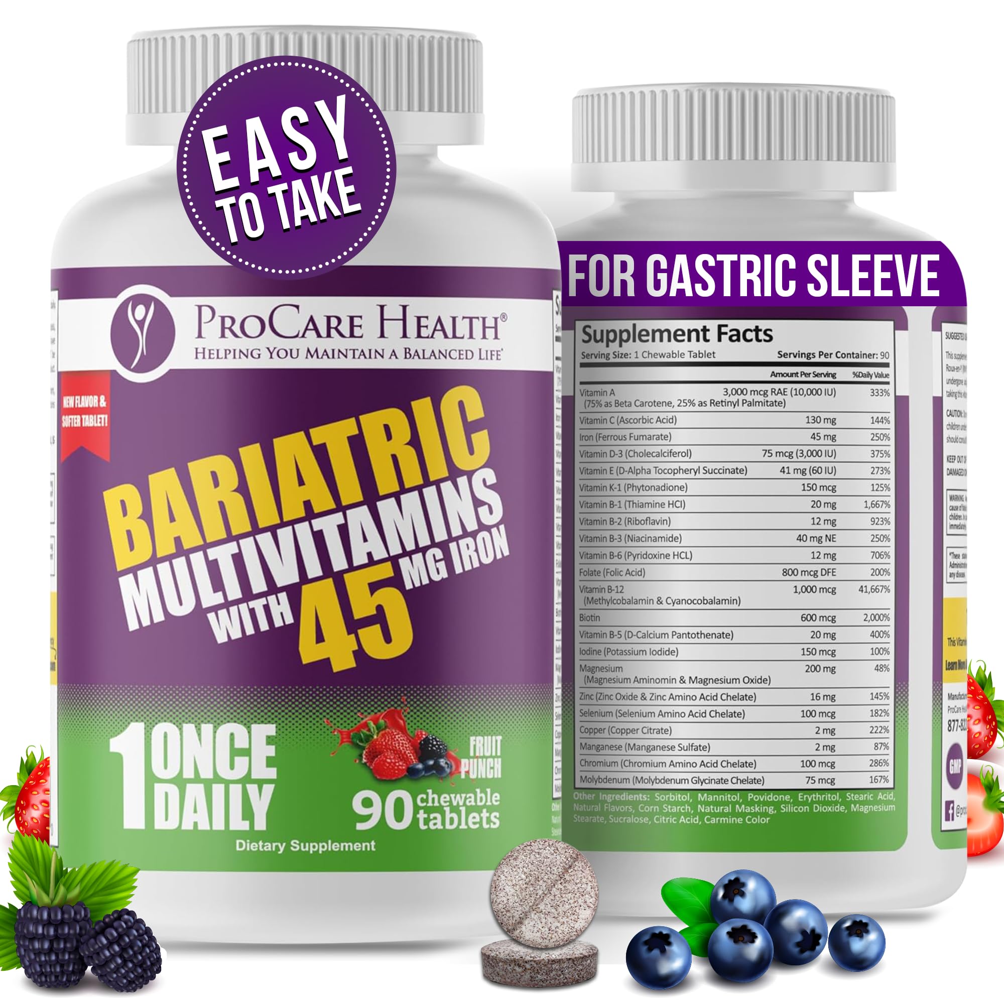 ProCare Health bariátrico multivitamínico Fruta Punch, empaque cómodo para uso diario