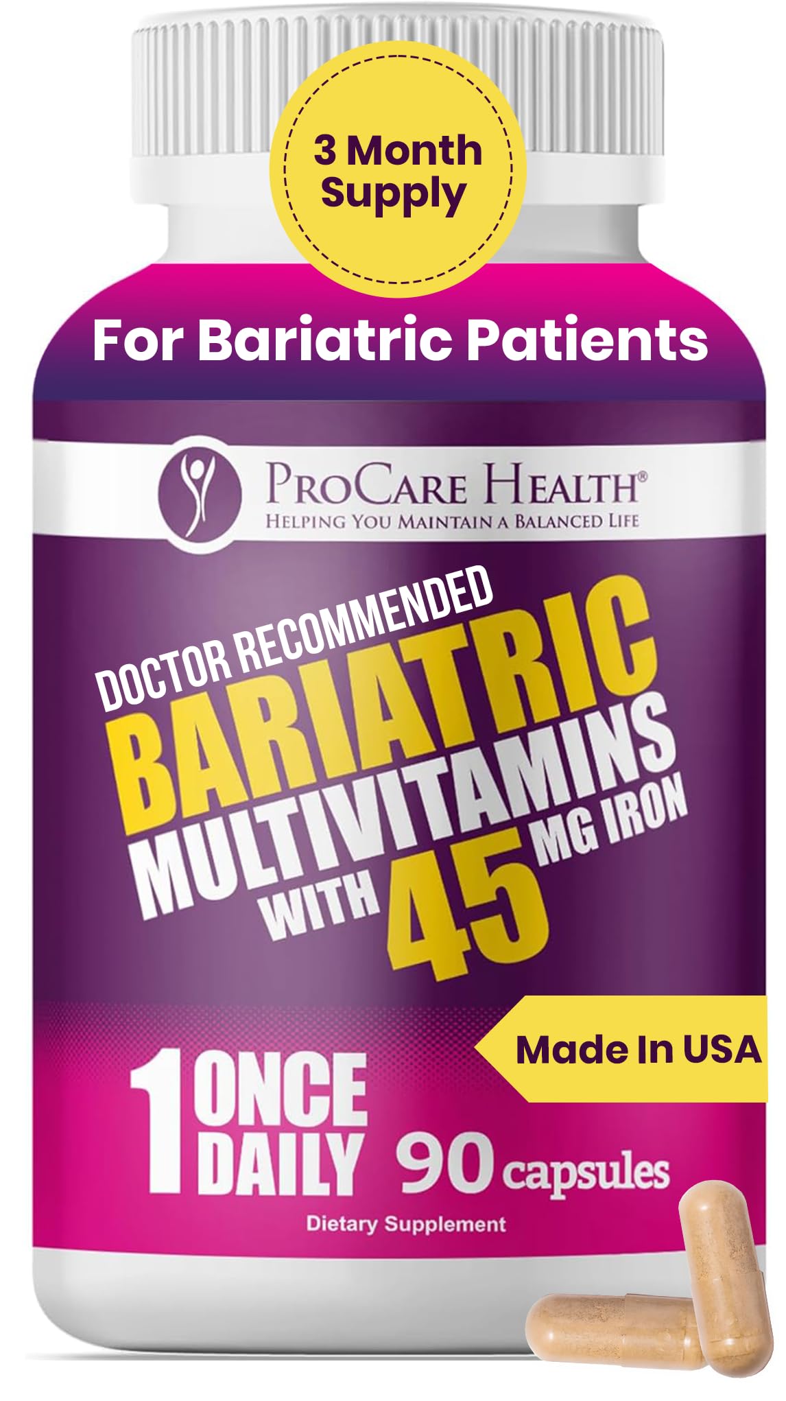 ProCare Health multivitamínico bariátrico en cápsula diaria para apoyo nutricional.
