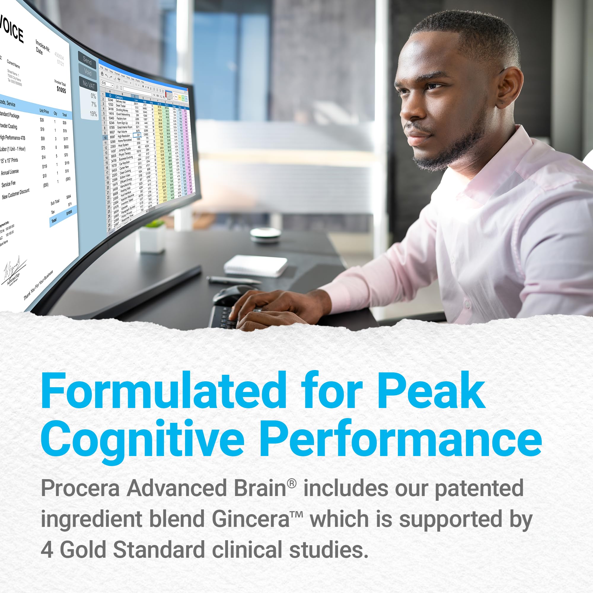 Procera Advanced Brain, profesional en oficina, favorece concentración en reuniones.