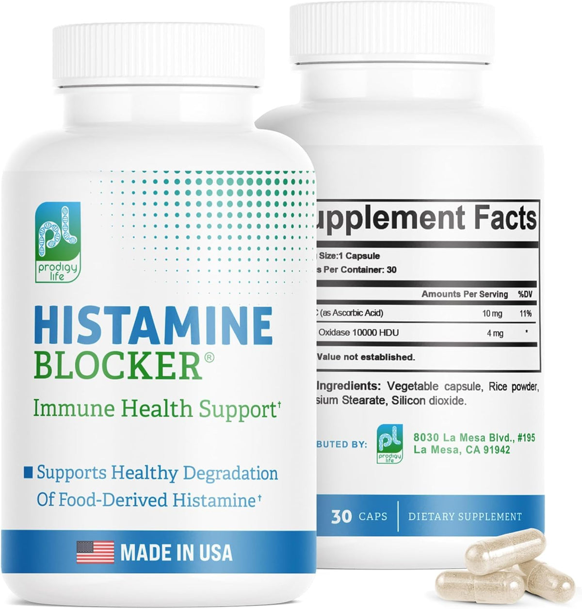 Prodigy Life DAO: botella de cápsulas para apoyo de la digestión de histamina