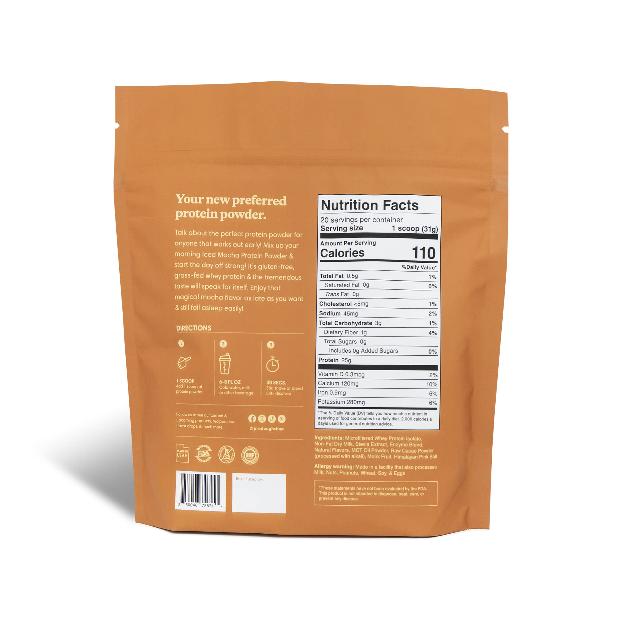 ProDough Gourmet Whey Isolate, etiqueta natural, fórmula limpia para nutrición consciente