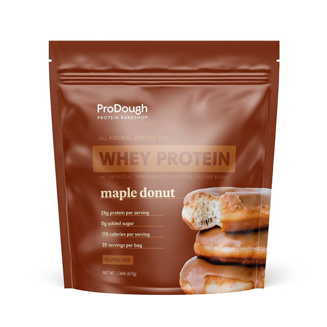 ProDough Gourmet Whey Isolate Maple Donut, bote listo para batidos rápidos y digestión suave.