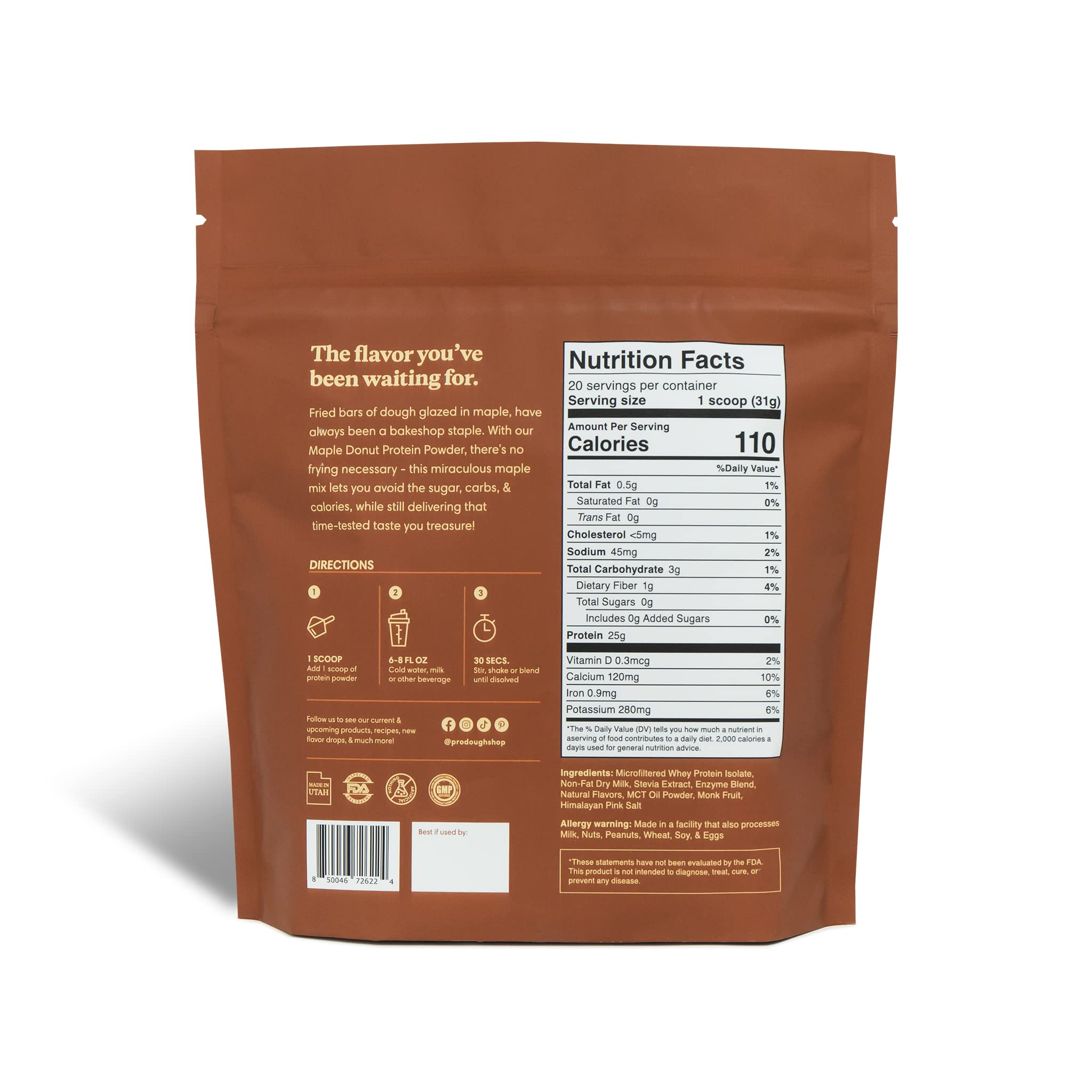 ProDough Gourmet Whey Isolate Maple Donut, etiqueta destacan 25 g de proteína por porción.