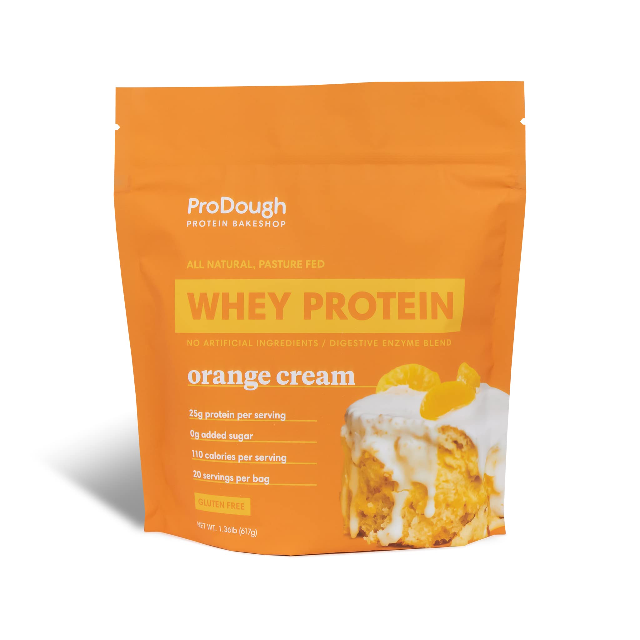 ProDough Aislado de Suero Naranja Crema en bote, ideal para batidos nutritivos.