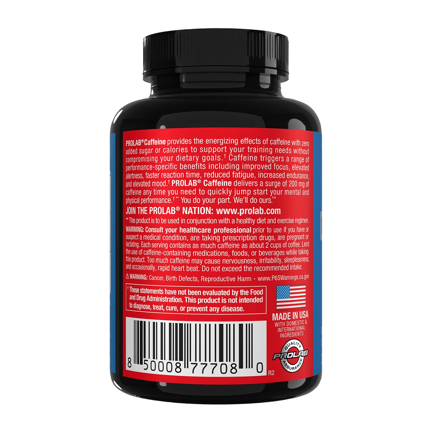 Envase ProLab cafeína 200 mg con diseño limpio y práctico.