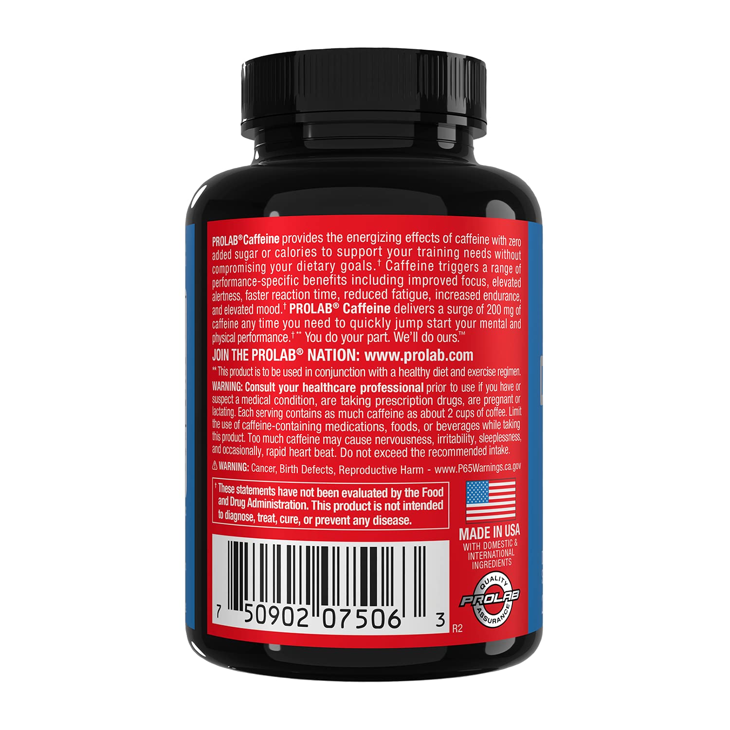 ProLab Caféina Tabletas 200mg, uso pre-entreno para impulsar el rendimiento.