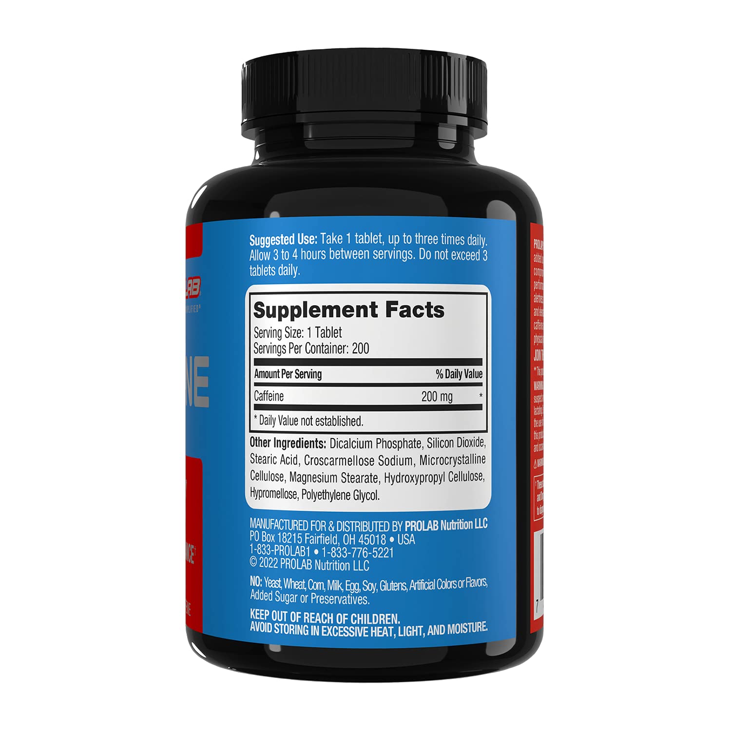 ProLab Caféina Tabletas 200mg, tamaño portátil para energía diaria en movimiento.