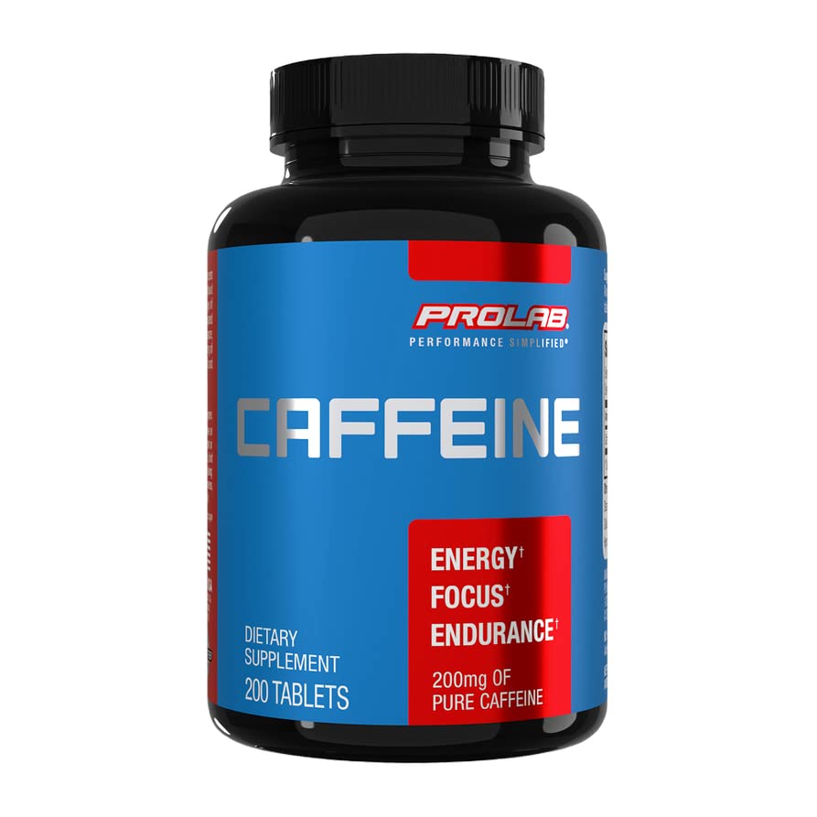 ProLab Caféina Tabletas 200mg, vista frontal de la botella, energía sostenida para el día.